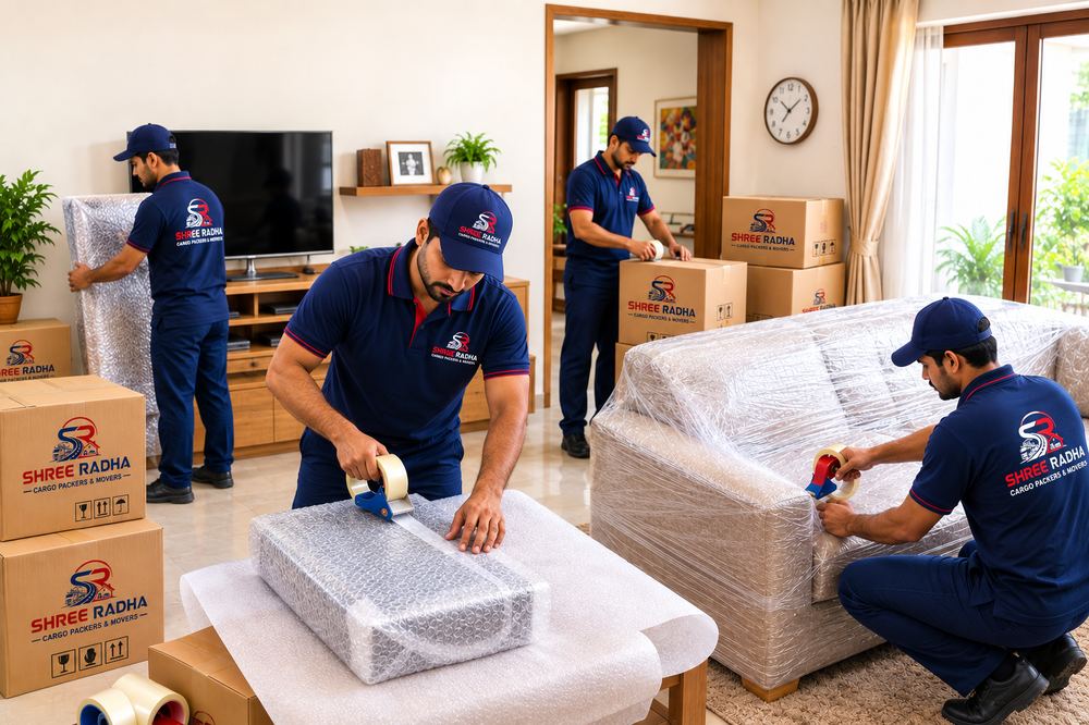 Movers carefully wrapping and packing household furniture